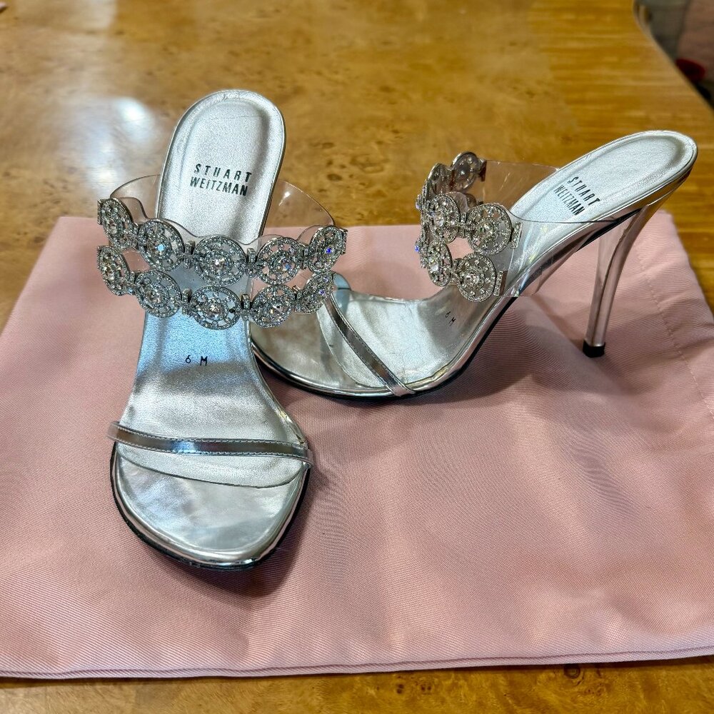 SALE NEW Stuart Weitzman $450 Silver Sandal Slip on Heels w Rhinestones sz 6